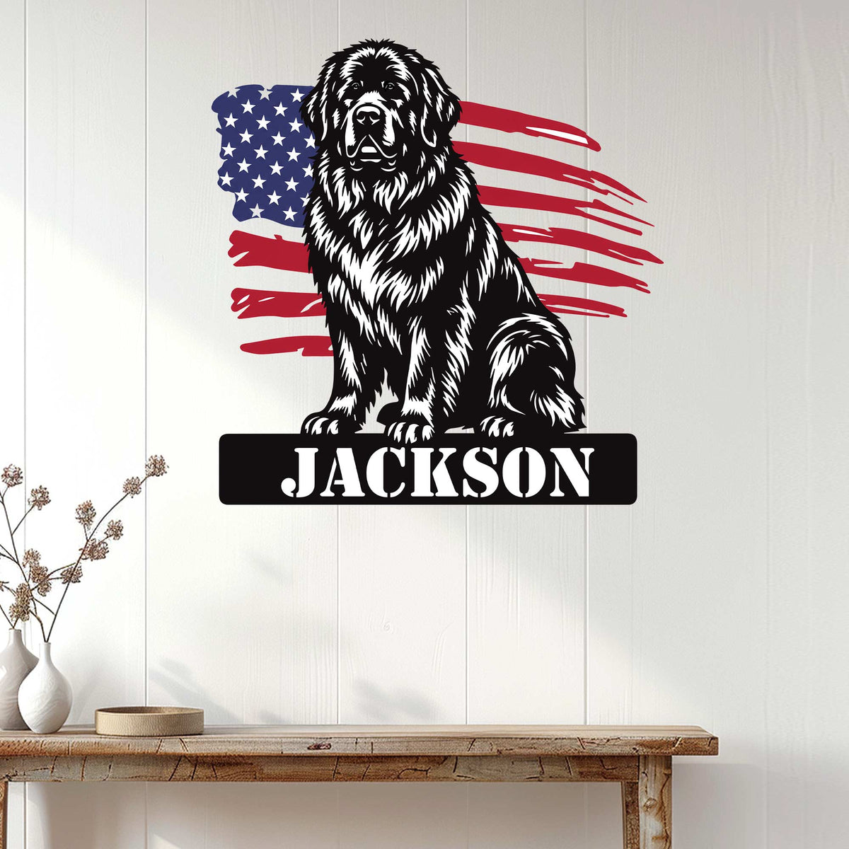 Newfoundland dog wall sign displayed on a white paneled wall above a wooden console table