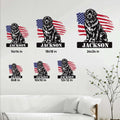 Newfoundland dog metal sign size guide showing multiple square size options in a living room setting