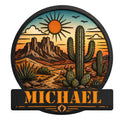Cactus metal sign featuring a desert landscape, saguaro cacti, mountain range, sunset, and Southwestern colors