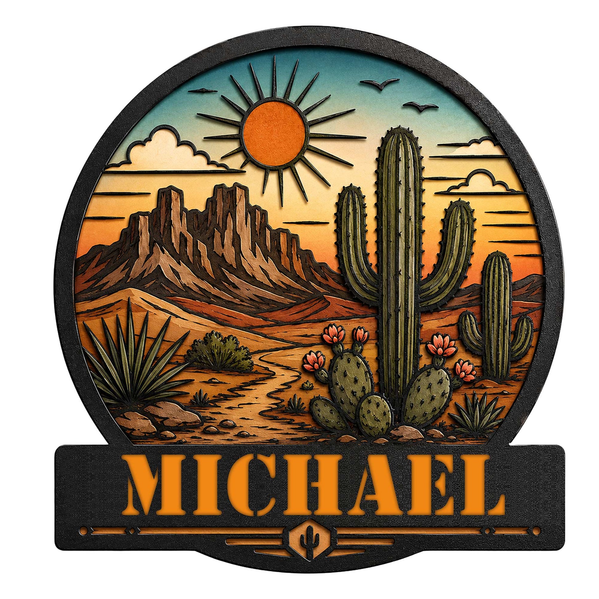 Cactus metal sign featuring a desert landscape, saguaro cacti, mountain range, sunset, and Southwestern colors