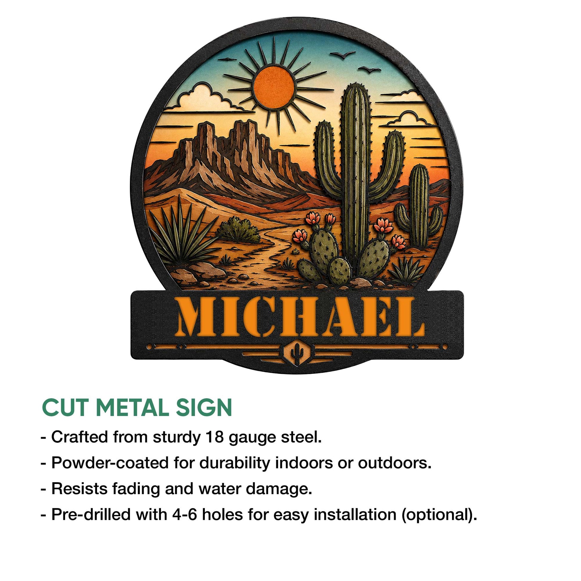 Southwestern cactus metal sign shown as a cut metal wall accent with a desert sunset landscape