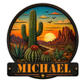 Custom cactus metal sign featuring a desert sunset, saguaro cactus, mountains, and colorful southwestern scenery