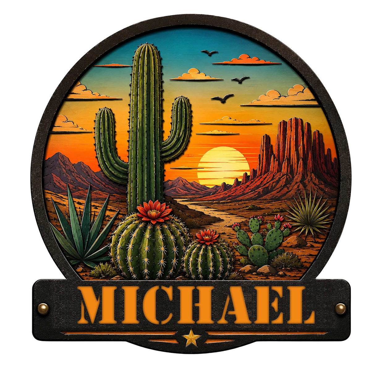 Custom cactus metal sign featuring a desert sunset, saguaro cactus, mountains, and colorful southwestern scenery