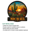 Cactus desert landscape metal sign shown with cut metal construction details and available size options