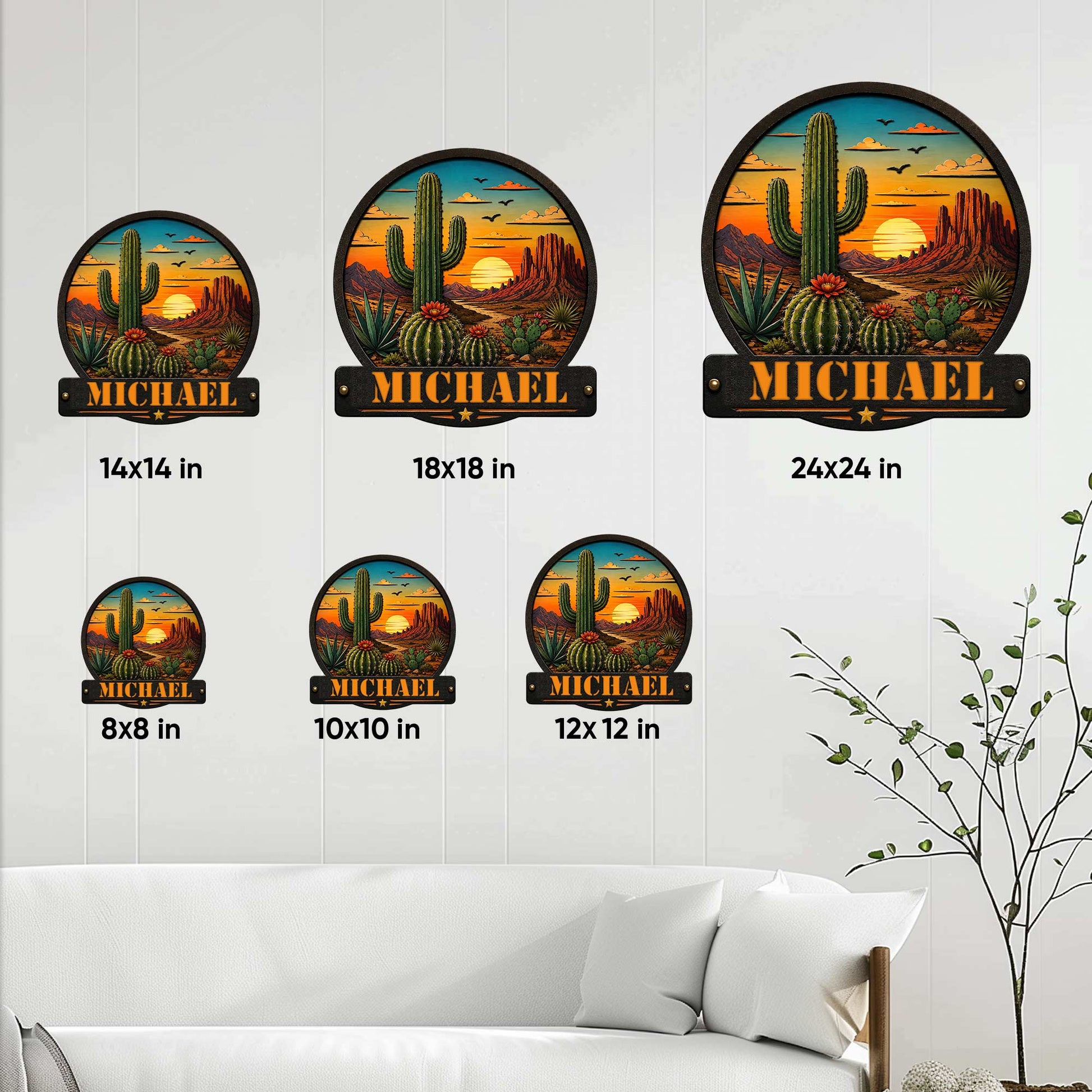 Cactus desert landscape metal sign shown in multiple size options from 8 by 8 to 24 by 24 inches