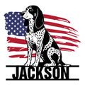 Bluetick Coonhound metal sign featuring a seated black and white spotted dog against an American flag