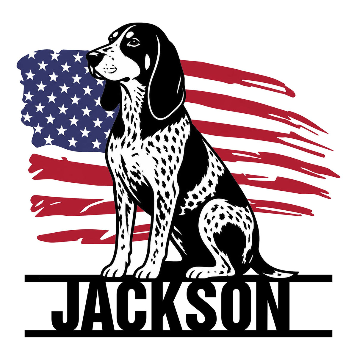 Bluetick Coonhound metal sign featuring a seated black and white spotted dog against an American flag