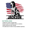 Bluetick Coonhound cut metal sign artwork with a patriotic American flag backdrop