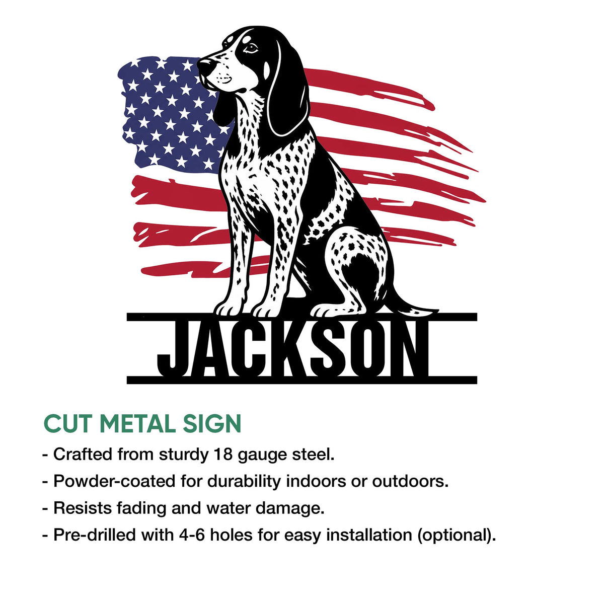 Bluetick Coonhound cut metal sign artwork with a patriotic American flag backdrop