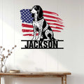 Patriotic Bluetick Coonhound wall sign displayed on a light wood-paneled wall above a console table