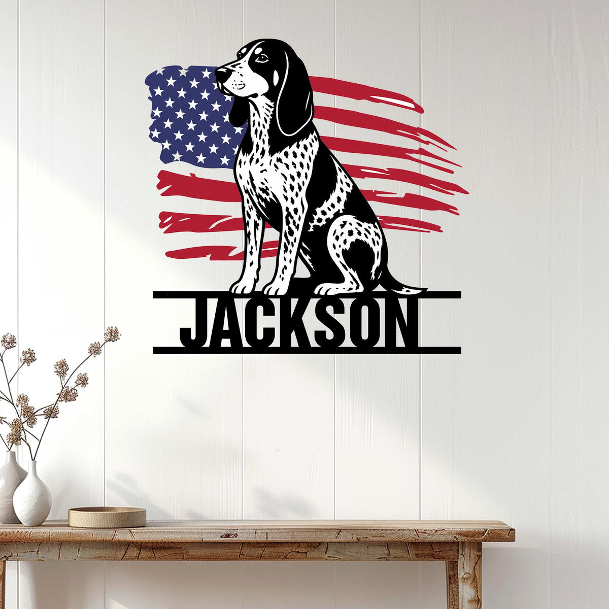 Patriotic Bluetick Coonhound wall sign displayed on a light wood-paneled wall above a console table