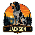 Bluetick Coonhound metal sign featuring a seated speckled dog against a mountain lake sunset