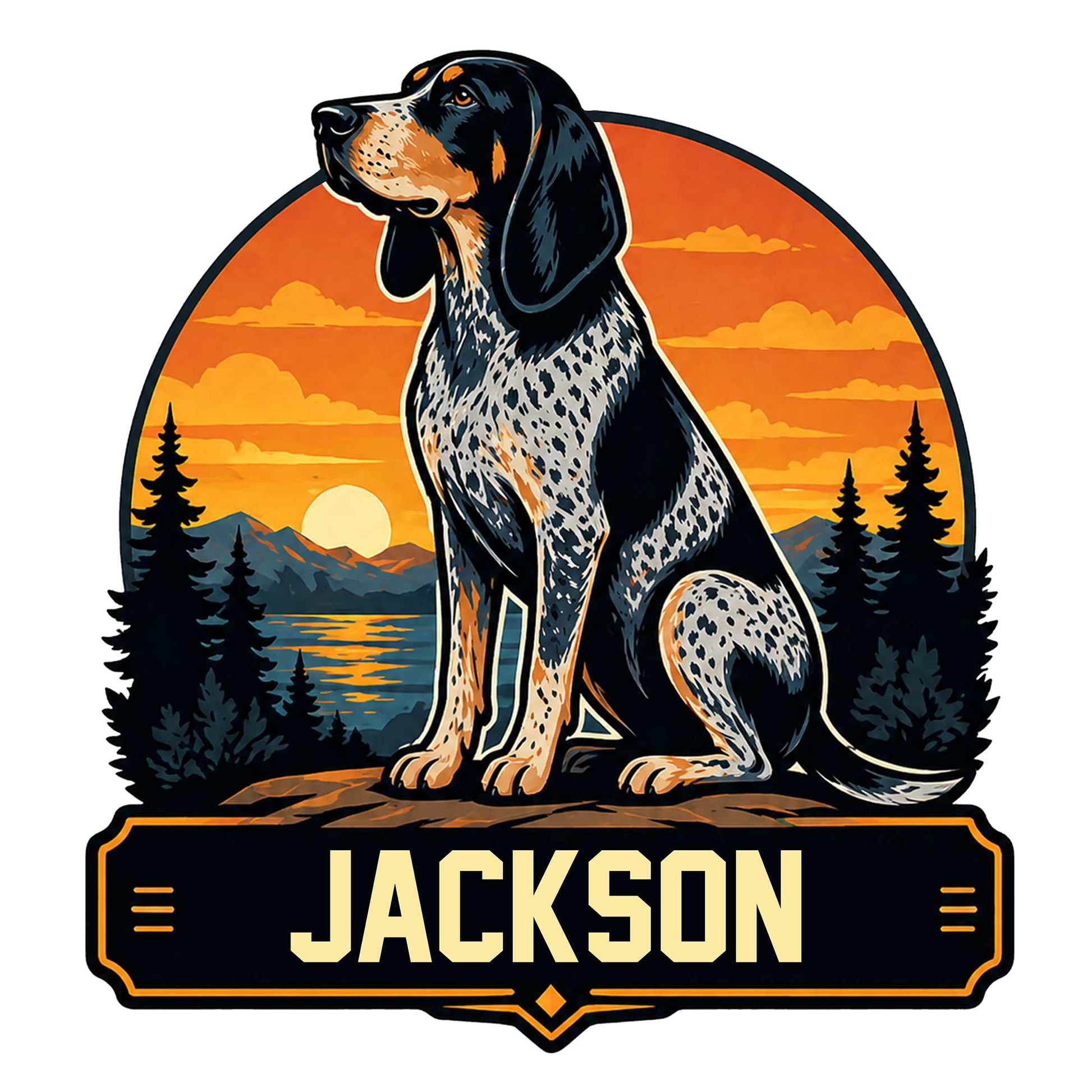 Bluetick Coonhound metal sign featuring a seated speckled dog against a mountain lake sunset