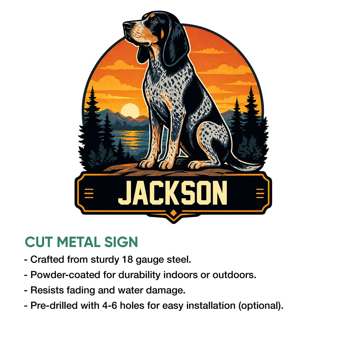 Bluetick Coonhound cut metal sign feature graphic with indoor and outdoor display details