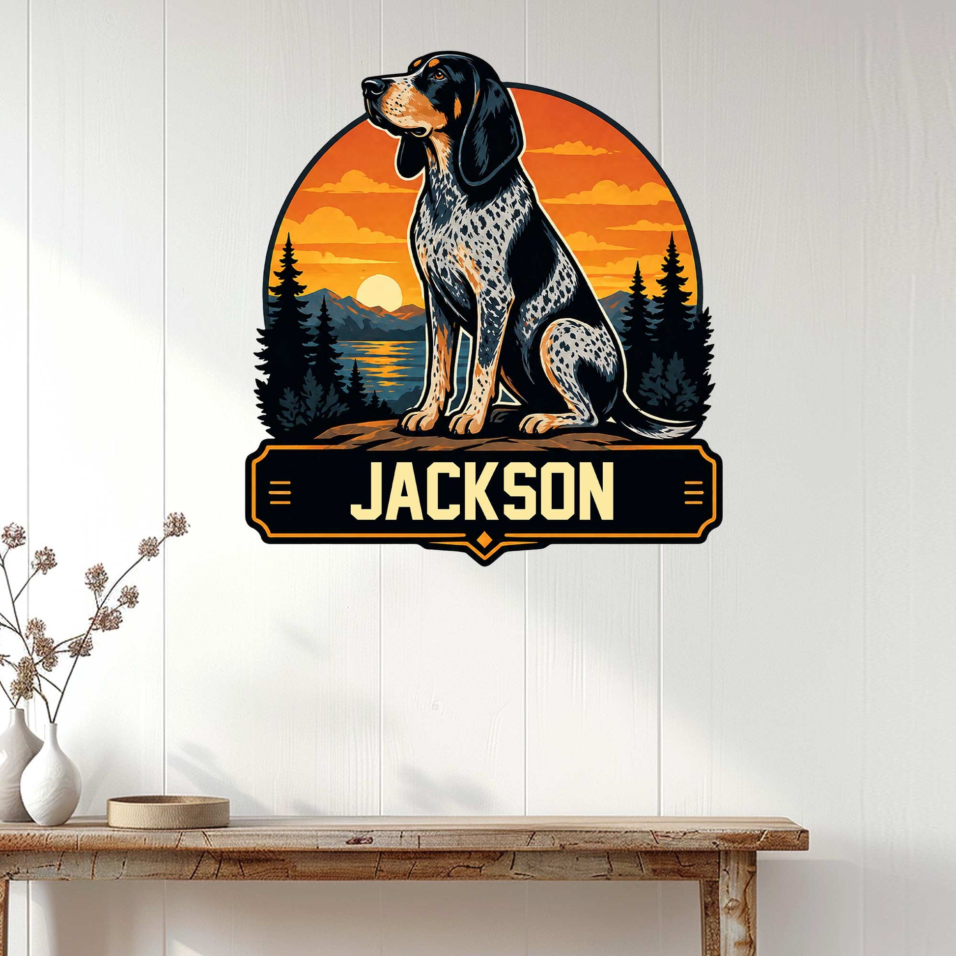 Bluetick Coonhound wall sign displayed on a white paneled wall above a rustic console