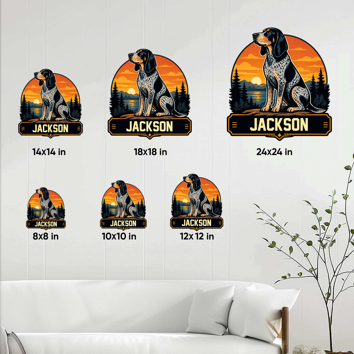 Bluetick Coonhound metal sign size guide showing six available square size options