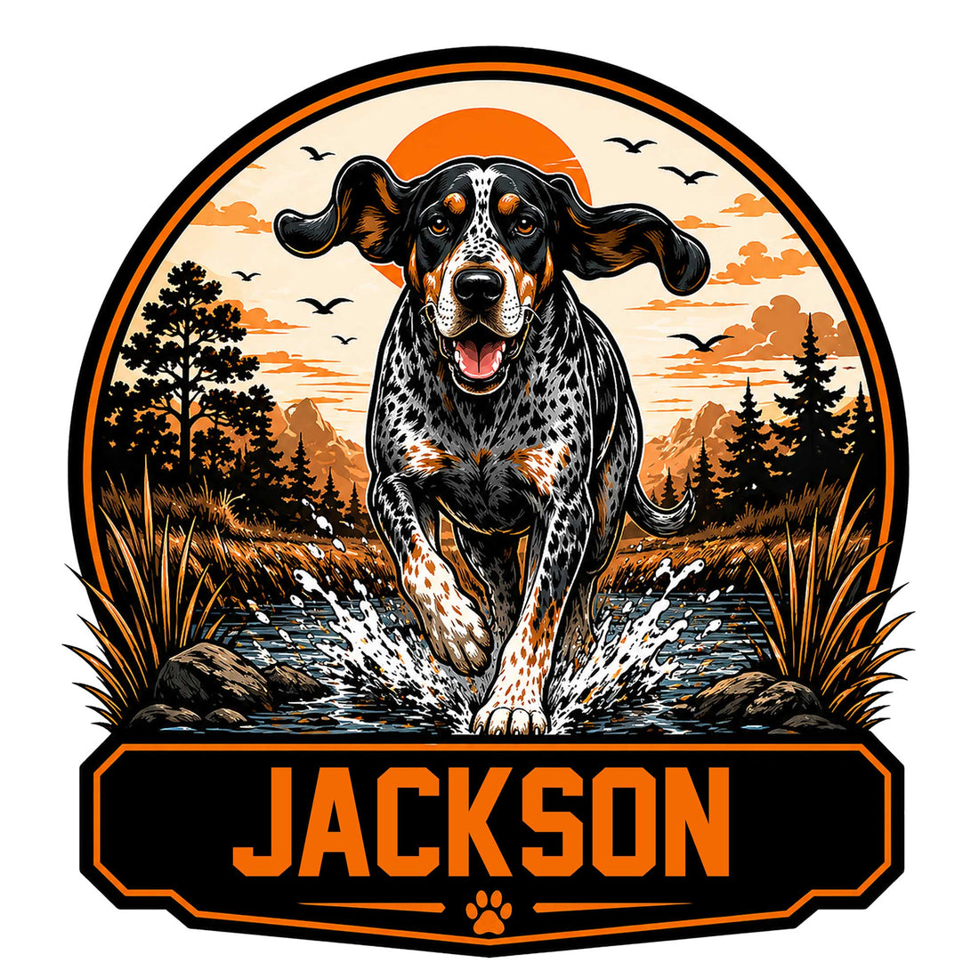 Custom Bluetick Coonhound metal sign showing a running dog splashing through a stream at sunset