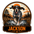 Custom Bluetick Coonhound metal sign showing a running dog splashing through a stream at sunset