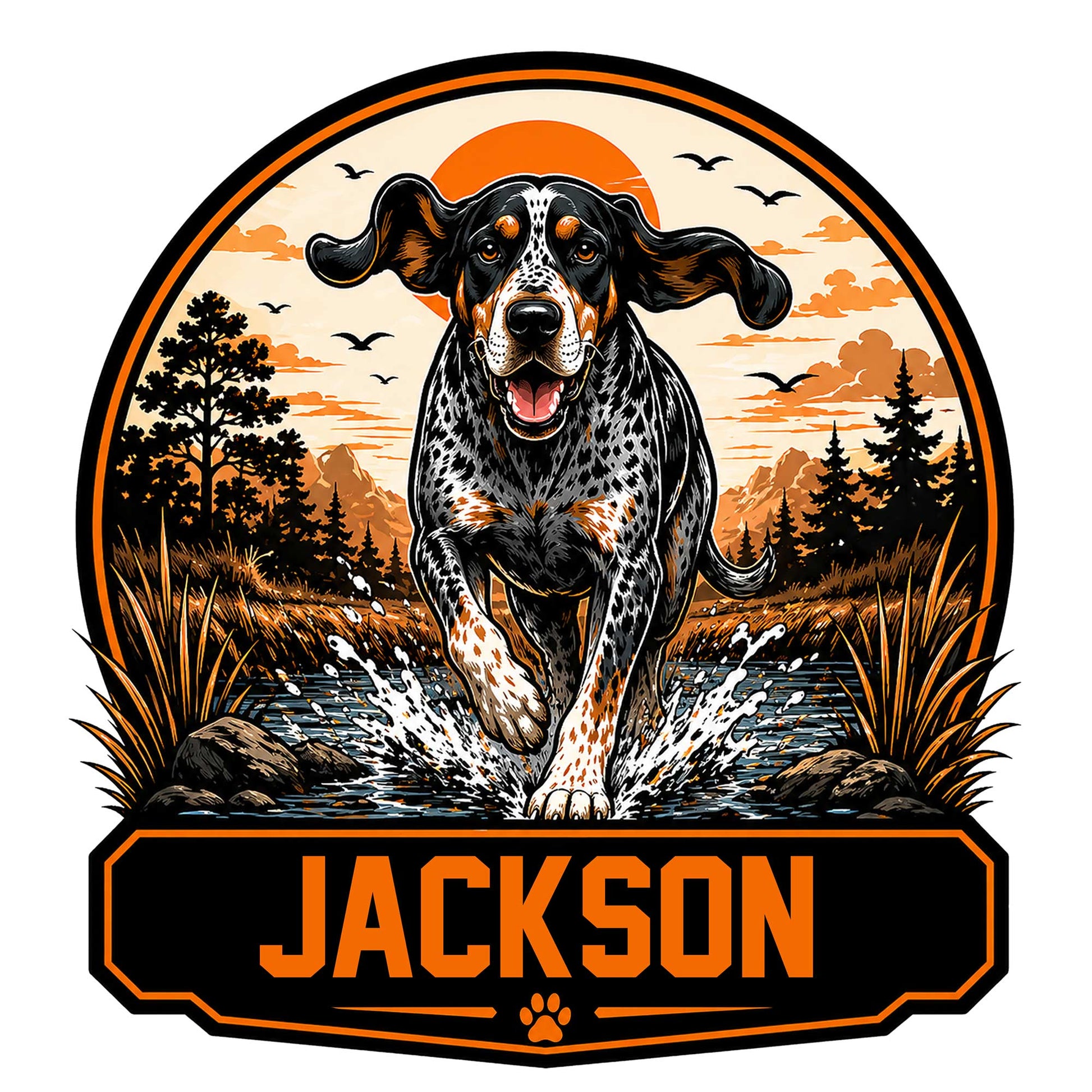 Custom Bluetick Coonhound metal sign showing a running dog splashing through a stream at sunset