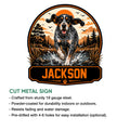 Bluetick Coonhound cut metal sign featuring a detailed outdoor hunting dog design and bold orange accents