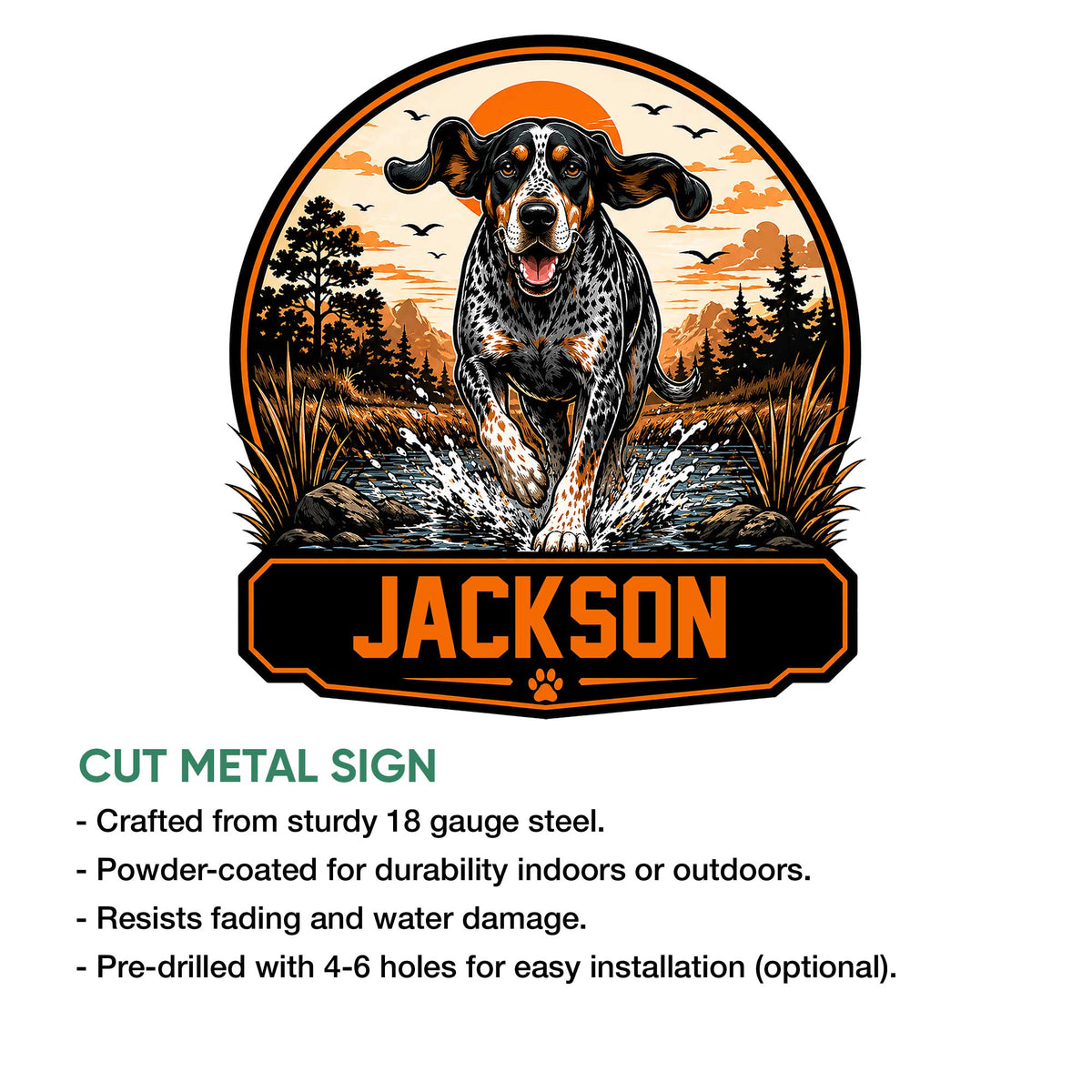 Bluetick Coonhound cut metal sign featuring a detailed outdoor hunting dog design and bold orange accents