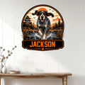 Bluetick Coonhound wall sign displayed on a white paneled wall above a rustic console table