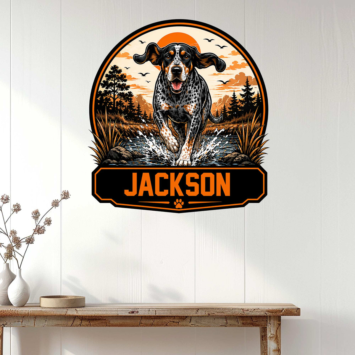 Bluetick Coonhound wall sign displayed on a white paneled wall above a rustic console table