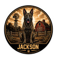 Dutch Shepherd metal sign featuring a seated brindle dog in a rustic farm landscape with a barn and windmill