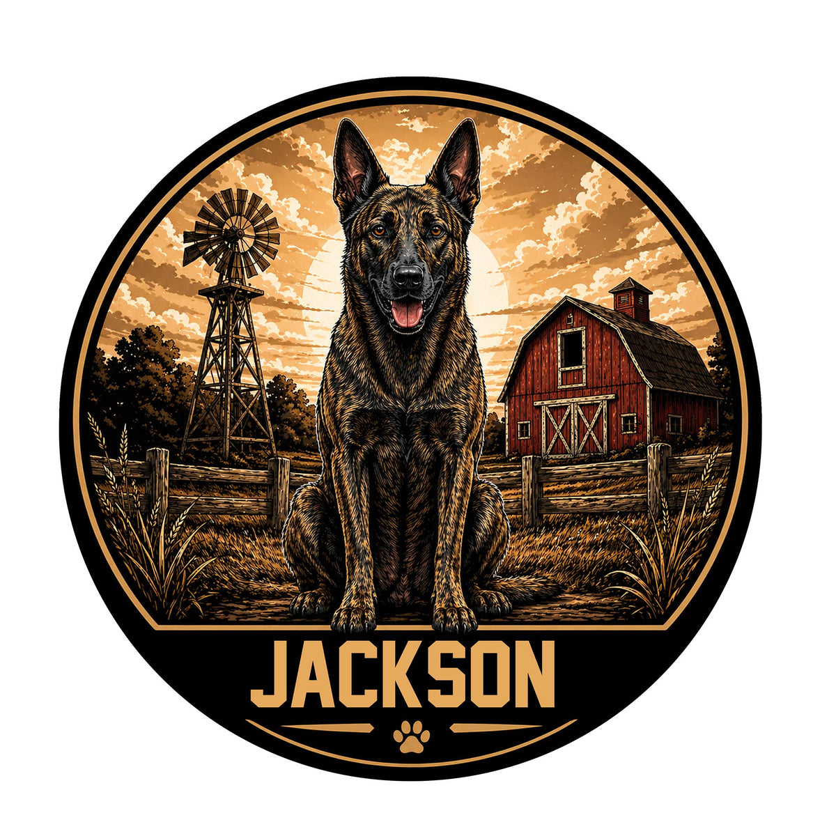 Dutch Shepherd metal sign featuring a seated brindle dog in a rustic farm landscape with a barn and windmill