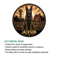 Dutch Shepherd metal sign shown with its circular farm dog artwork and product feature presentation
