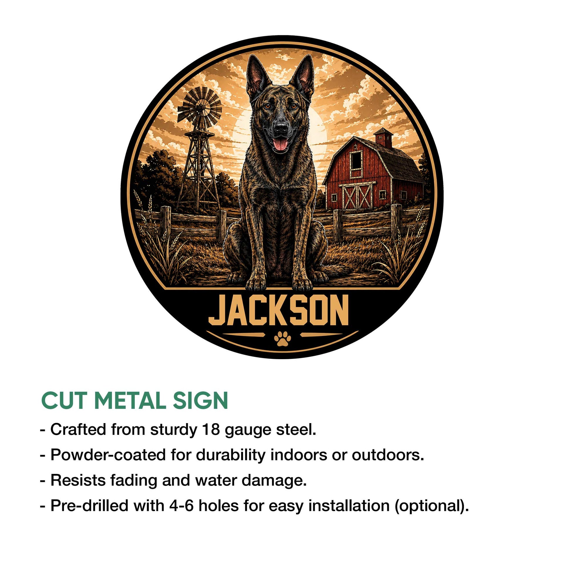 Dutch Shepherd metal sign shown with its circular farm dog artwork and product feature presentation