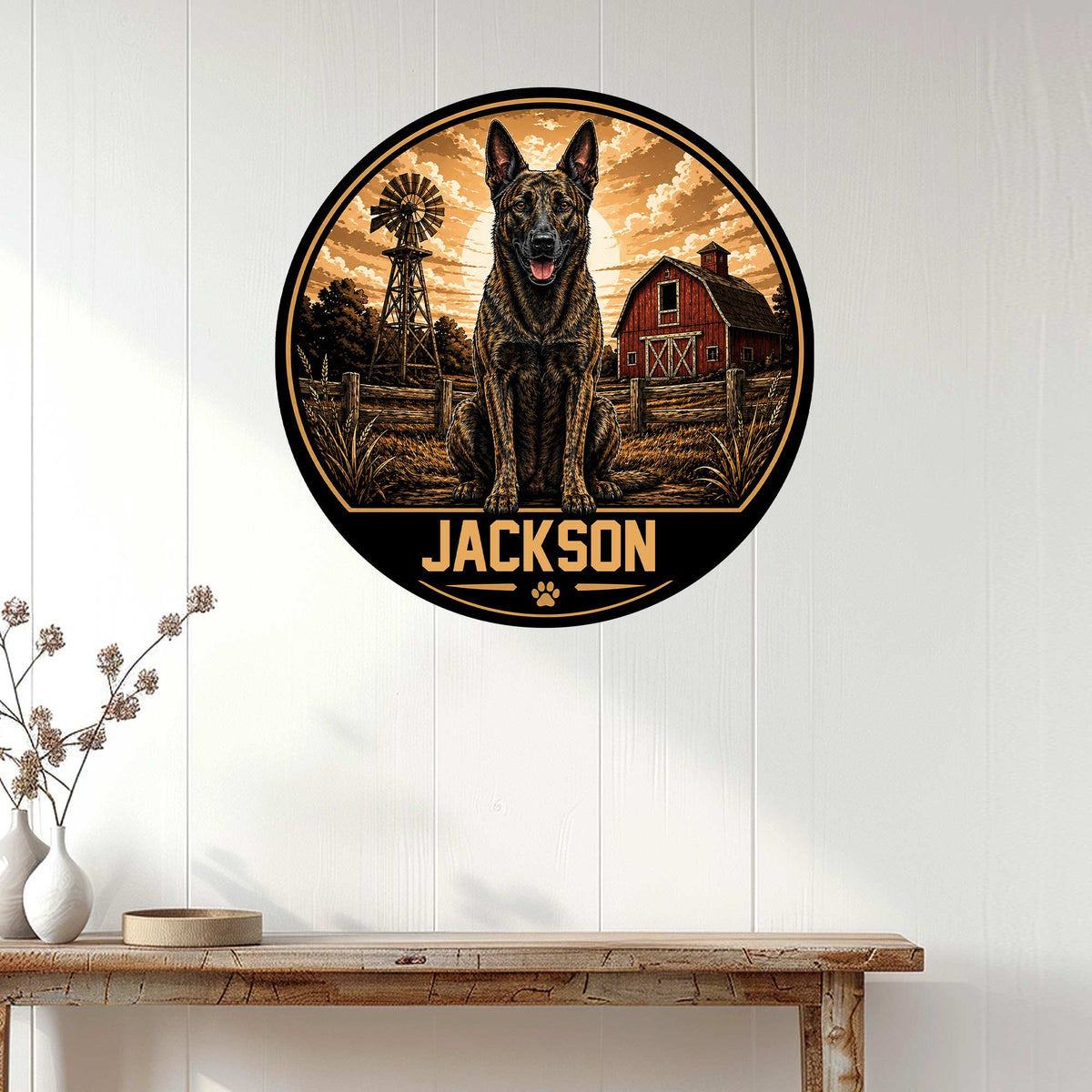 Dutch Shepherd wall sign displayed on a white paneled wall above a rustic console table