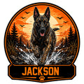 Custom Dutch Shepherd metal sign showing an alert dog splashing through a stream in a bold sunset scene