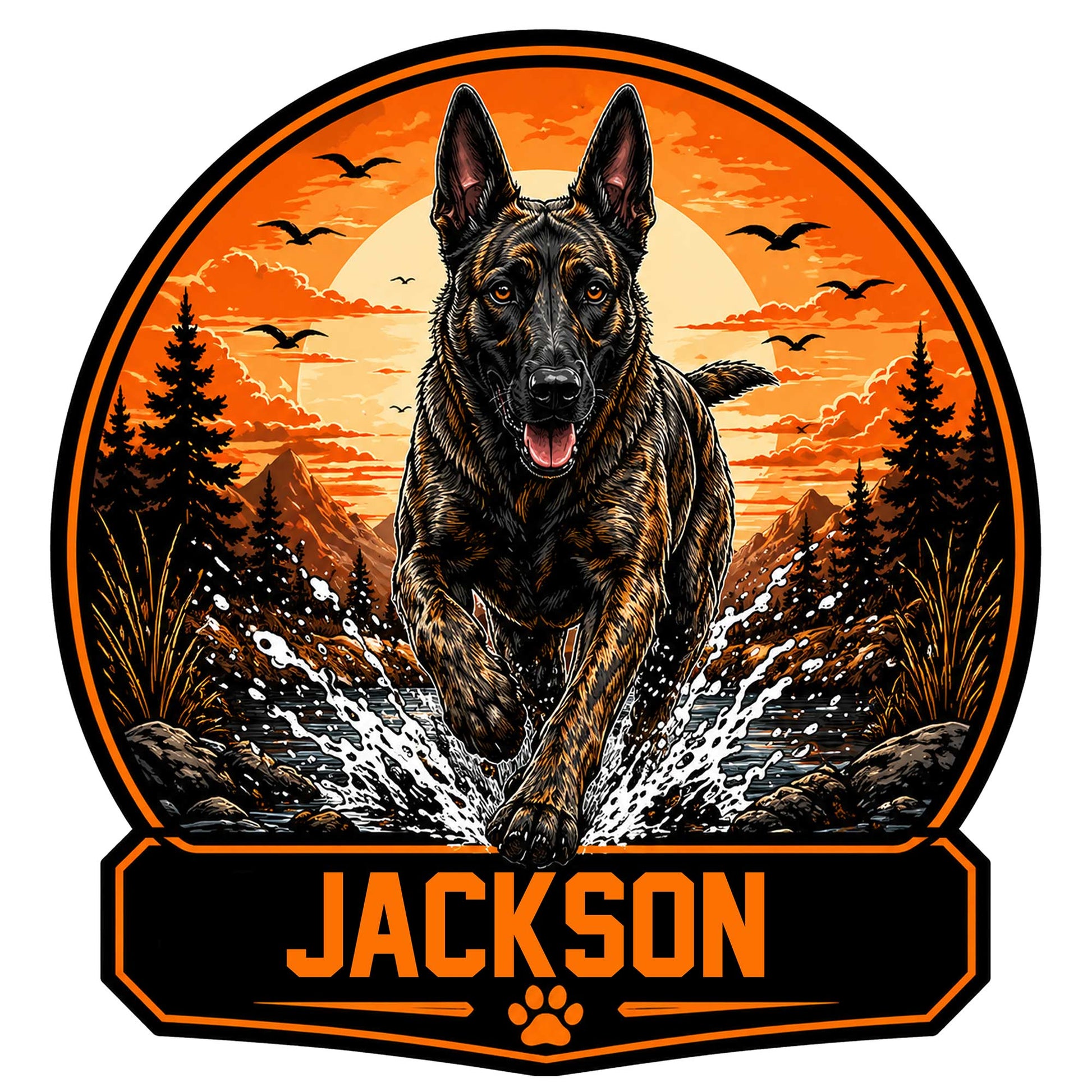 Custom Dutch Shepherd metal sign showing an alert dog splashing through a stream in a bold sunset scene