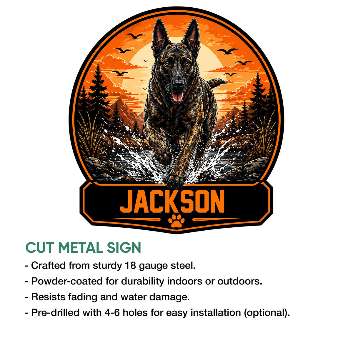 Dutch Shepherd metal sign feature graphic showing the detailed cutout artwork and orange-black design