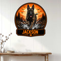 Dutch Shepherd wall sign displayed on white wood paneling above a console table