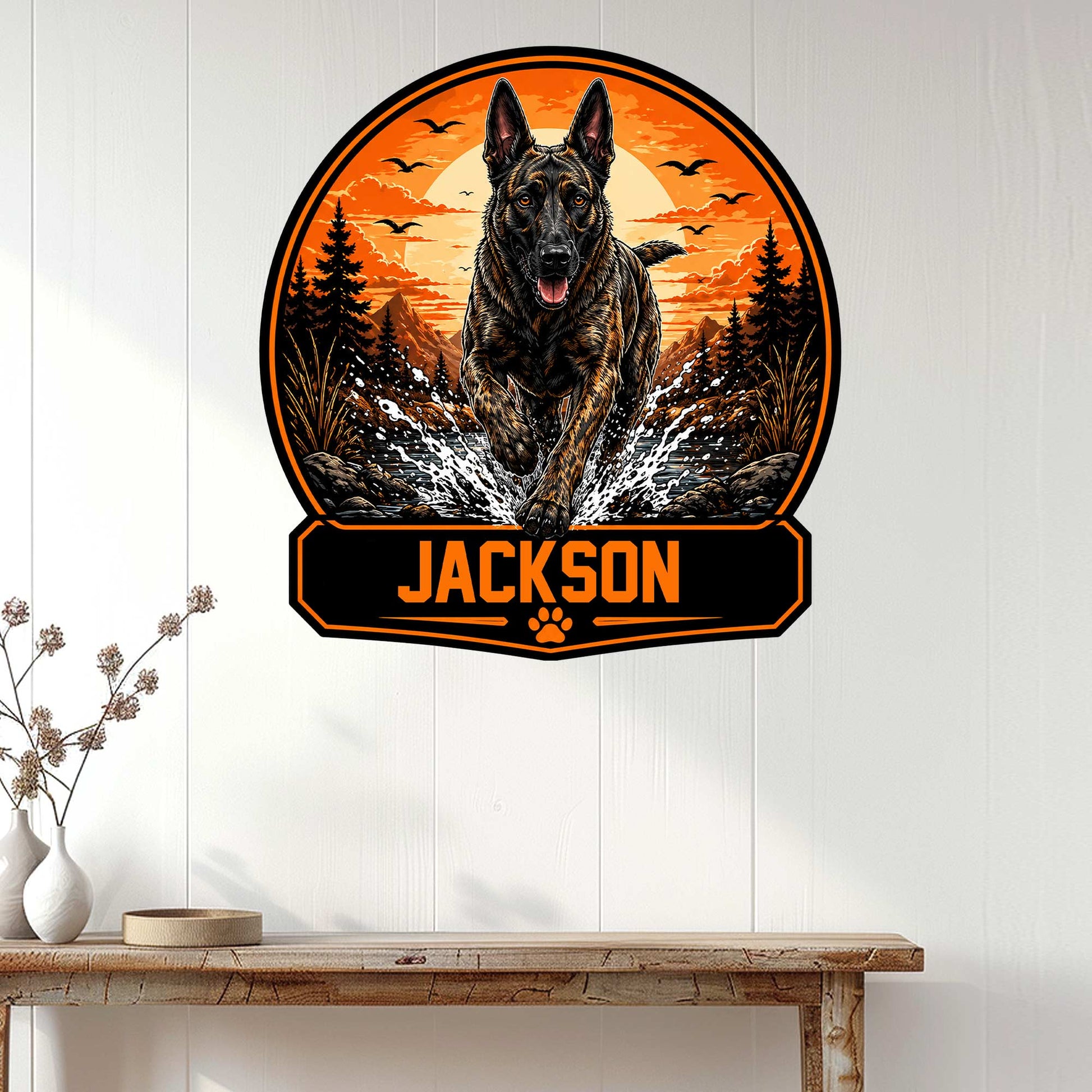 Dutch Shepherd wall sign displayed on white wood paneling above a console table