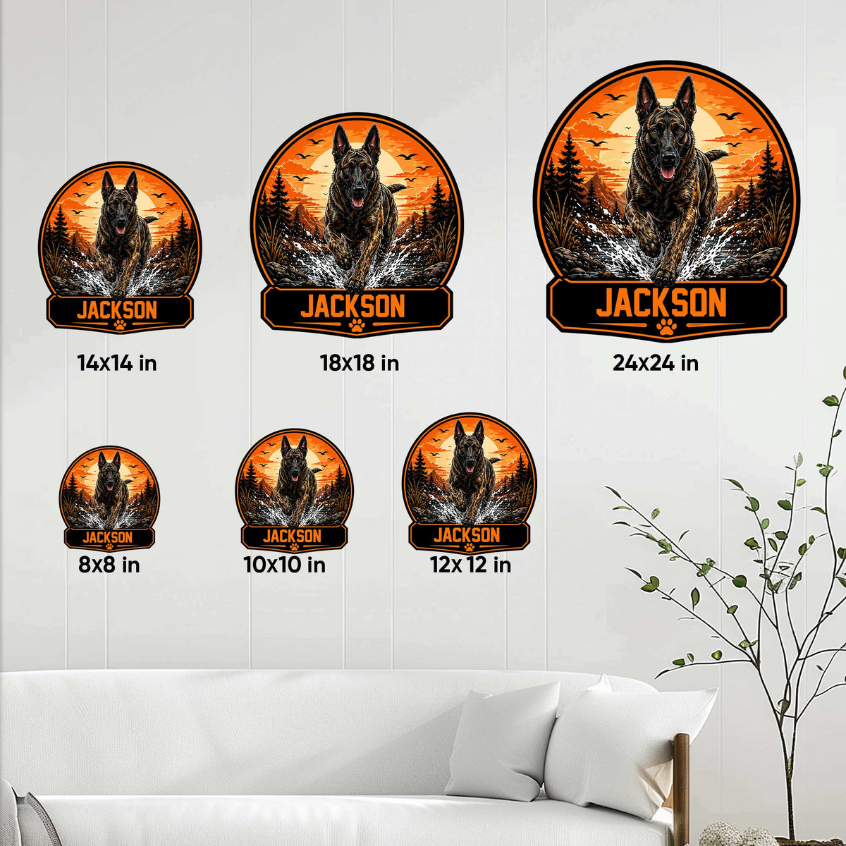 Dutch Shepherd metal sign size guide displaying six available sizes from 8 by 8 to 24 by 24 inches