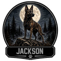 Custom Dutch Shepherd metal sign featuring a standing dog on a rocky ledge beneath a full moon