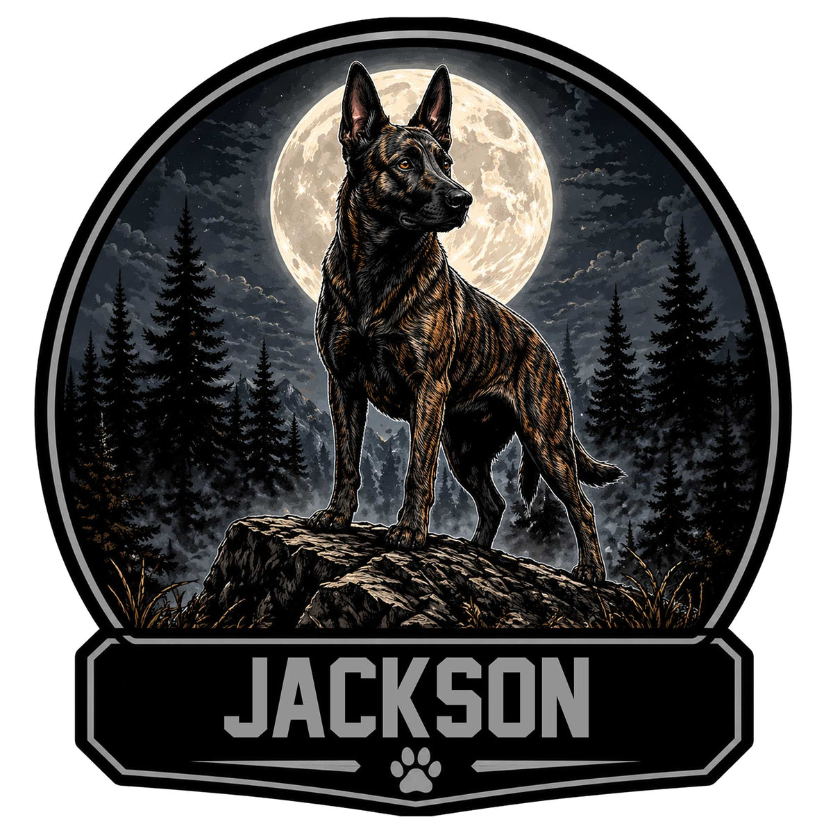Custom Dutch Shepherd metal sign featuring a standing dog on a rocky ledge beneath a full moon