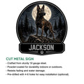 Dutch Shepherd cut metal sign with a moonlit forest scene and bold dog-themed design