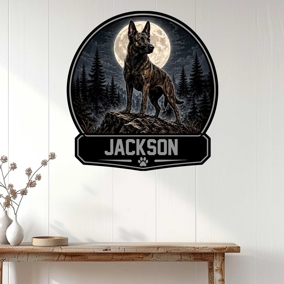 Dutch Shepherd wall sign displayed on a white paneled wall in a home interior