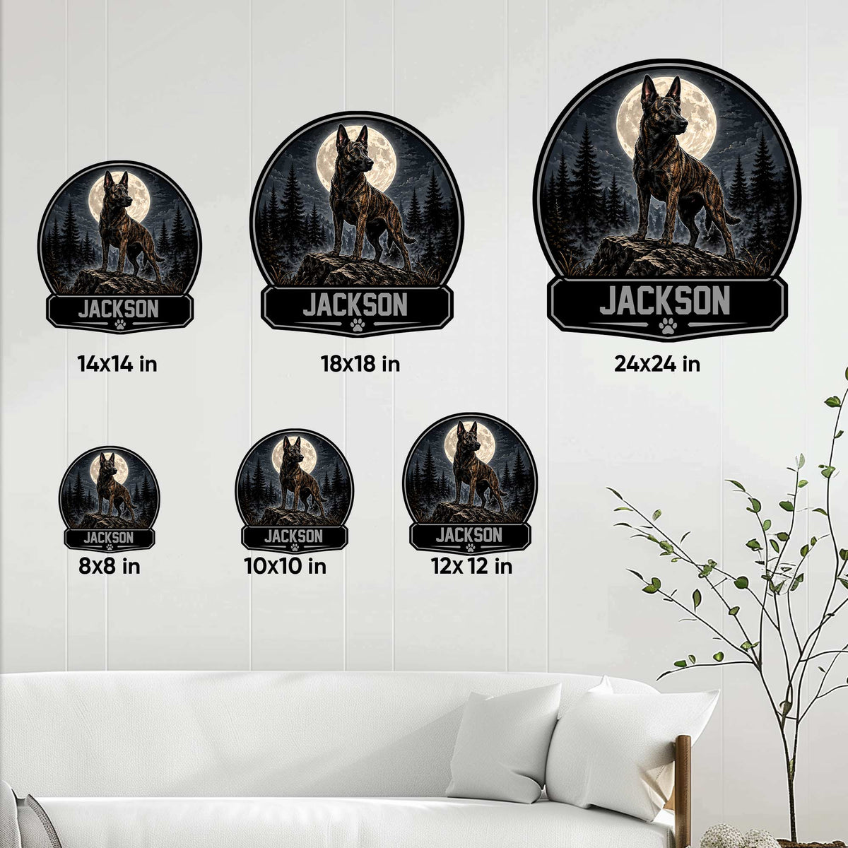 Dutch Shepherd metal sign size guide showing six available square size options
