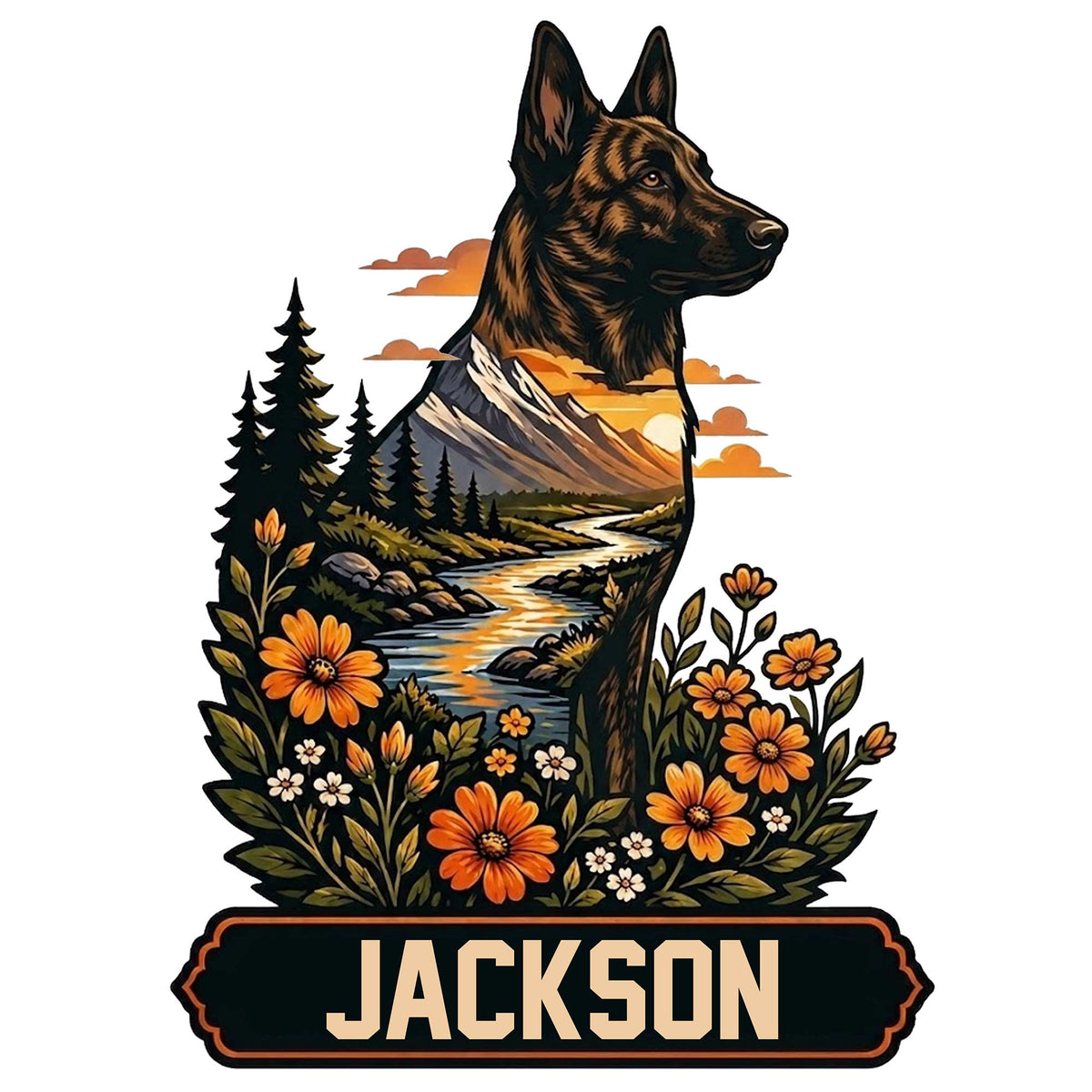 Dutch Shepherd metal sign featuring a detailed dog portrait, mountain river landscape, pine trees, and wildflowers