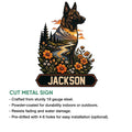 Dutch Shepherd cut metal sign shown with a mountain landscape, floral details, and a bold lower nameplate