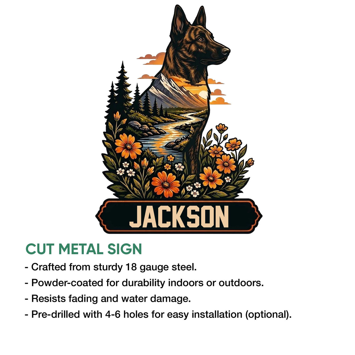 Dutch Shepherd cut metal sign shown with a mountain landscape, floral details, and a bold lower nameplate