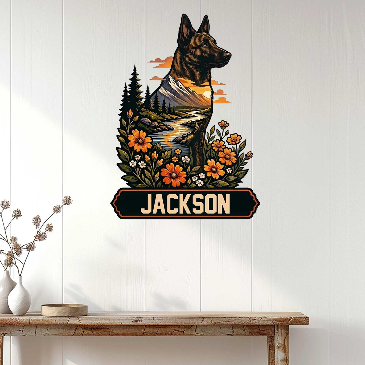 Dutch Shepherd wall sign displayed on a light paneled wall above a console table