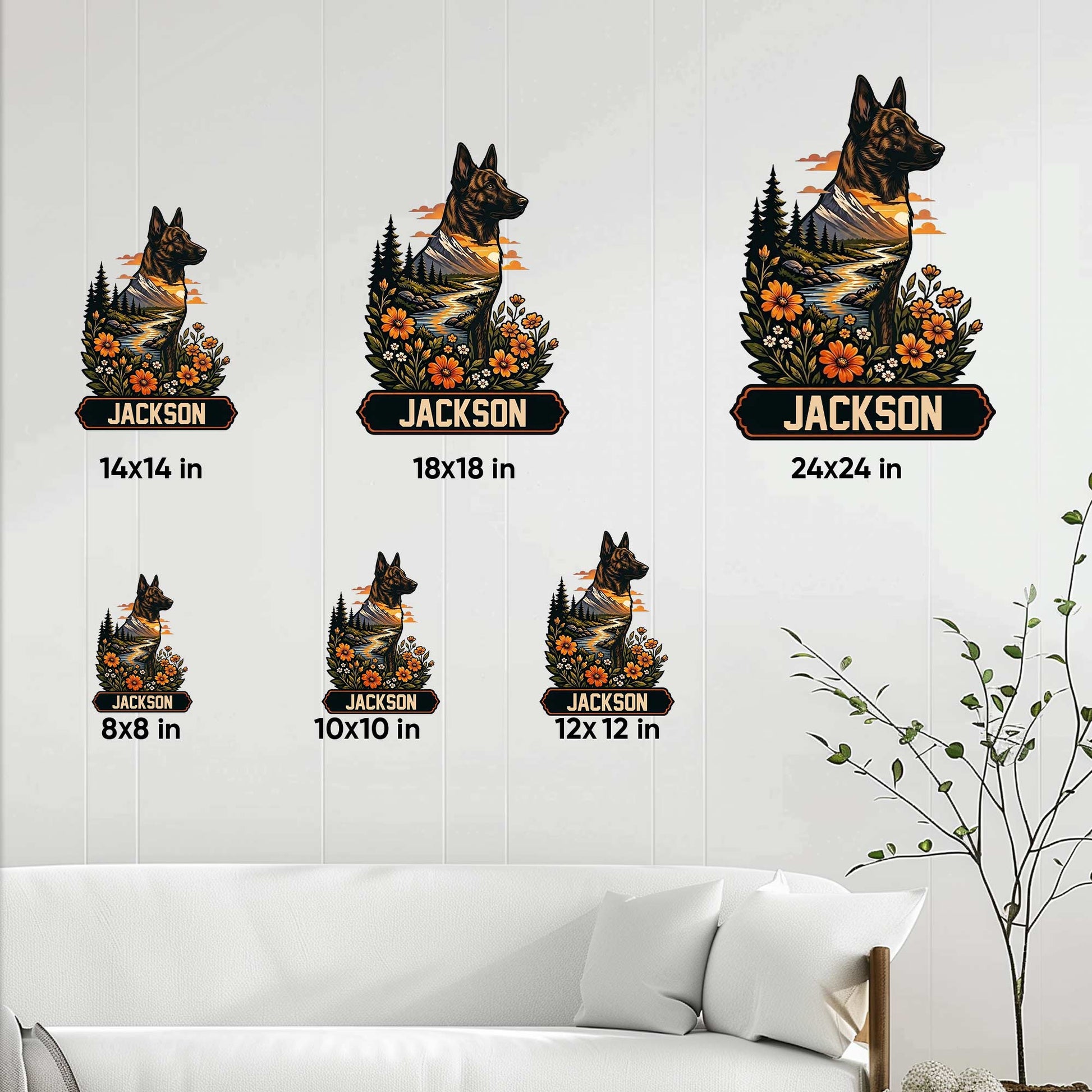 Dutch Shepherd metal sign size guide showing available square sizes from 8 by 8 to 24 by 24 inches