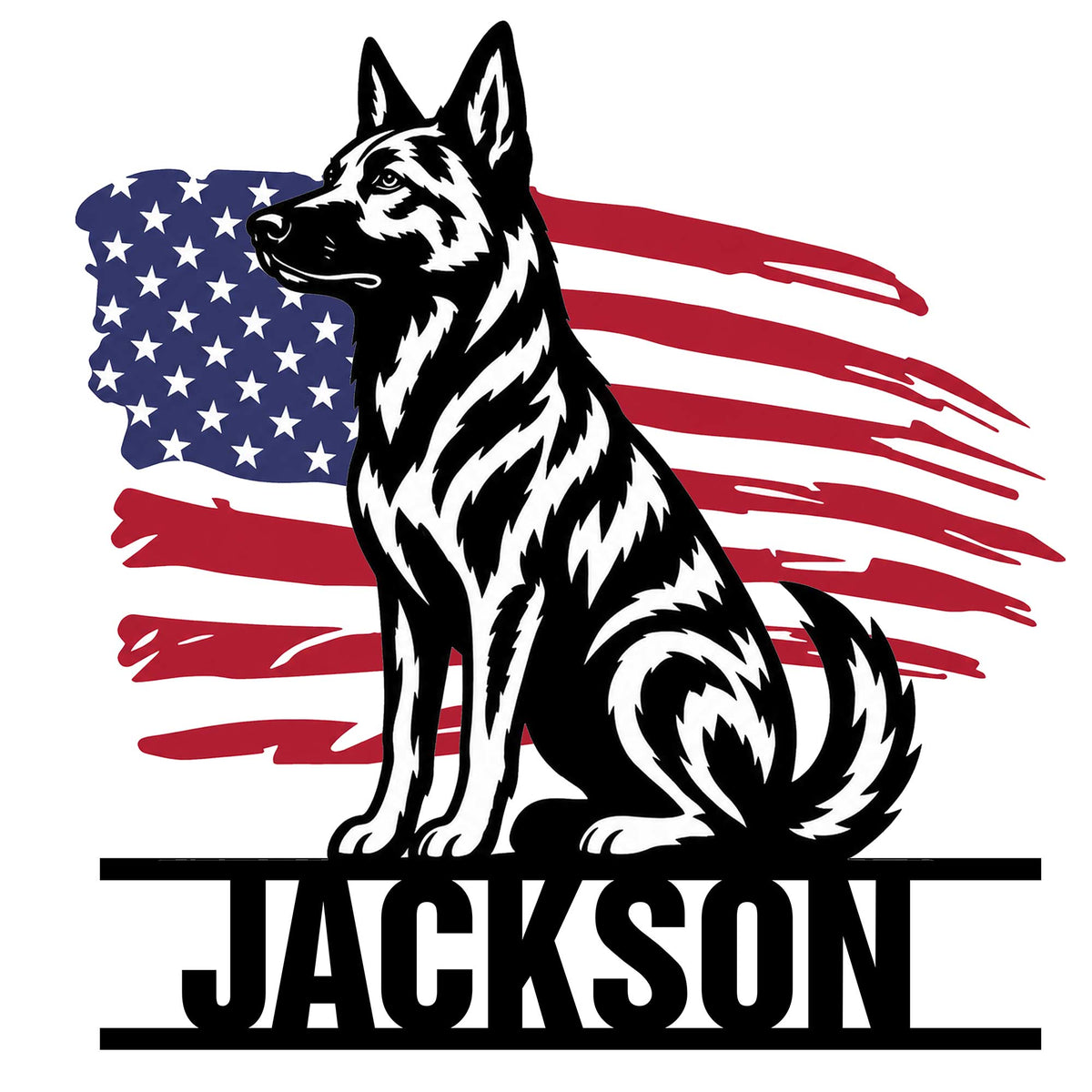 Dutch Shepherd metal sign featuring a bold black-and-white dog silhouette over a distressed American flag