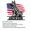 Dutch Shepherd cut metal sign shown with a patriotic flag design and product feature information